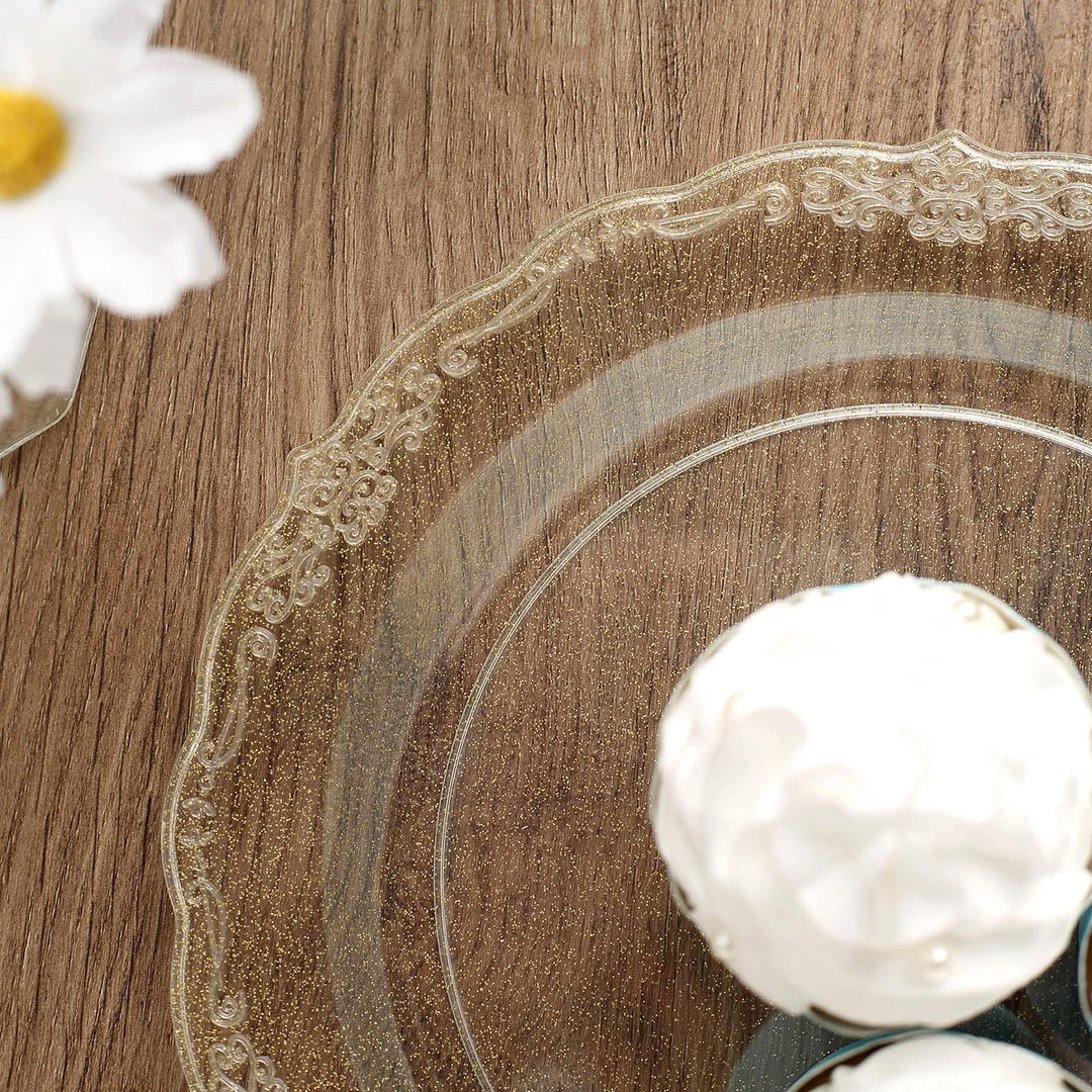 HIER_5441 12 Pack | Glittered 9" Premium Plastic Dinner Plates, Disposable Round Plates With Scalloped Edges & Floral Design Rim Disposable Dinnerware 10 HIER_5441 12 Pack | Glittered 9" Premium Plastic Dinner Plates, Disposable Round Plates With Scalloped Edges & Floral Design Rim Disposable Dinnerware
