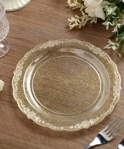 HIER_5441 12 Pack | Glittered 9" Premium Plastic Dinner Plates, Disposable Round Plates With Scalloped Edges & Floral Design Rim Disposable Dinnerware