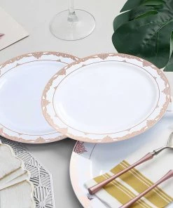 HIER_5441 10 Pack | White 10" Rose Gold Lace Design Rim Plastic Dinner Plates, Round With Ornate Rim Disposable Dinnerware