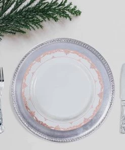 HIER_5441 10 Pack | White 10" Rose Gold Lace Design Rim Plastic Dinner Plates, Round With Ornate Rim Disposable Dinnerware
