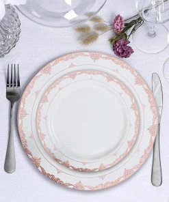 HIER_5441 10 Pack | White 7.5" Rose Gold Lace Rim Plastic Dessert Salad Plates, Round Appetizer Plates With Ornate Rim Disposable Dinnerware