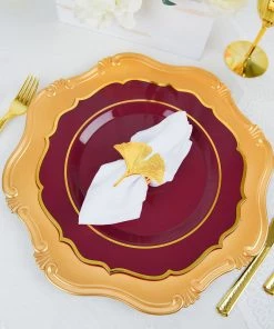 HIER_5441 10 Pack | Burgundy 10" Plastic Dinner Plates Disposable Tableware Round With Gold Scalloped Rim Disposable Dinnerware