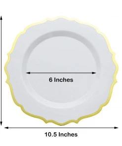 HIER_5441 10 Pack | White 10" Plastic Dinner Plates Disposable Tableware Round With Gold Scalloped Rim 15 HIER_5441 10 Pack | White 10