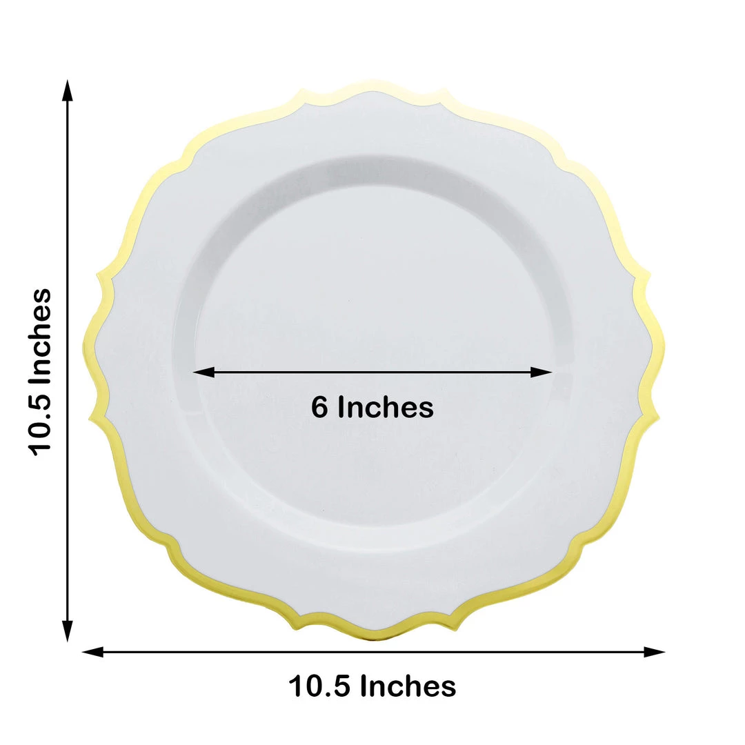 HIER_5441 10 Pack | White 10" Plastic Dinner Plates Disposable Tableware Round With Gold Scalloped Rim 3 HIER_5441 10 Pack | White 10" Plastic Dinner Plates Disposable Tableware Round With Gold Scalloped Rim