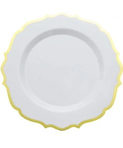 HIER_5441 10 Pack | White 10" Plastic Dinner Plates Disposable Tableware Round With Gold Scalloped Rim 25 HIER_5441 10 Pack | White 10