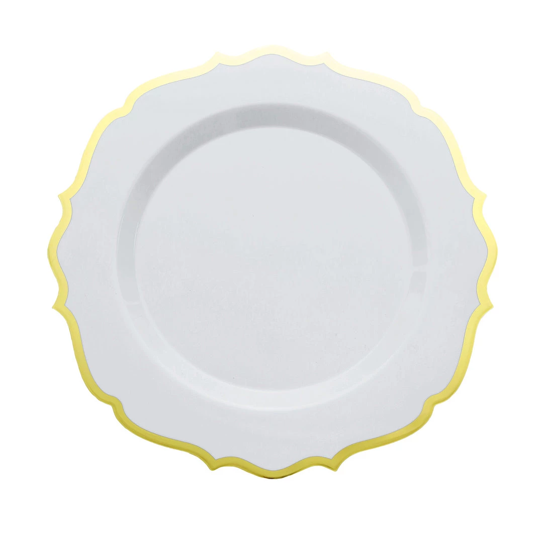 HIER_5441 10 Pack | White 10" Plastic Dinner Plates Disposable Tableware Round With Gold Scalloped Rim 13 HIER_5441 10 Pack | White 10" Plastic Dinner Plates Disposable Tableware Round With Gold Scalloped Rim