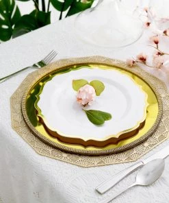 HIER_5441 10 Pack | White 10" Plastic Dinner Plates Disposable Tableware Round With Gold Scalloped Rim 18 HIER_5441 10 Pack | White 10