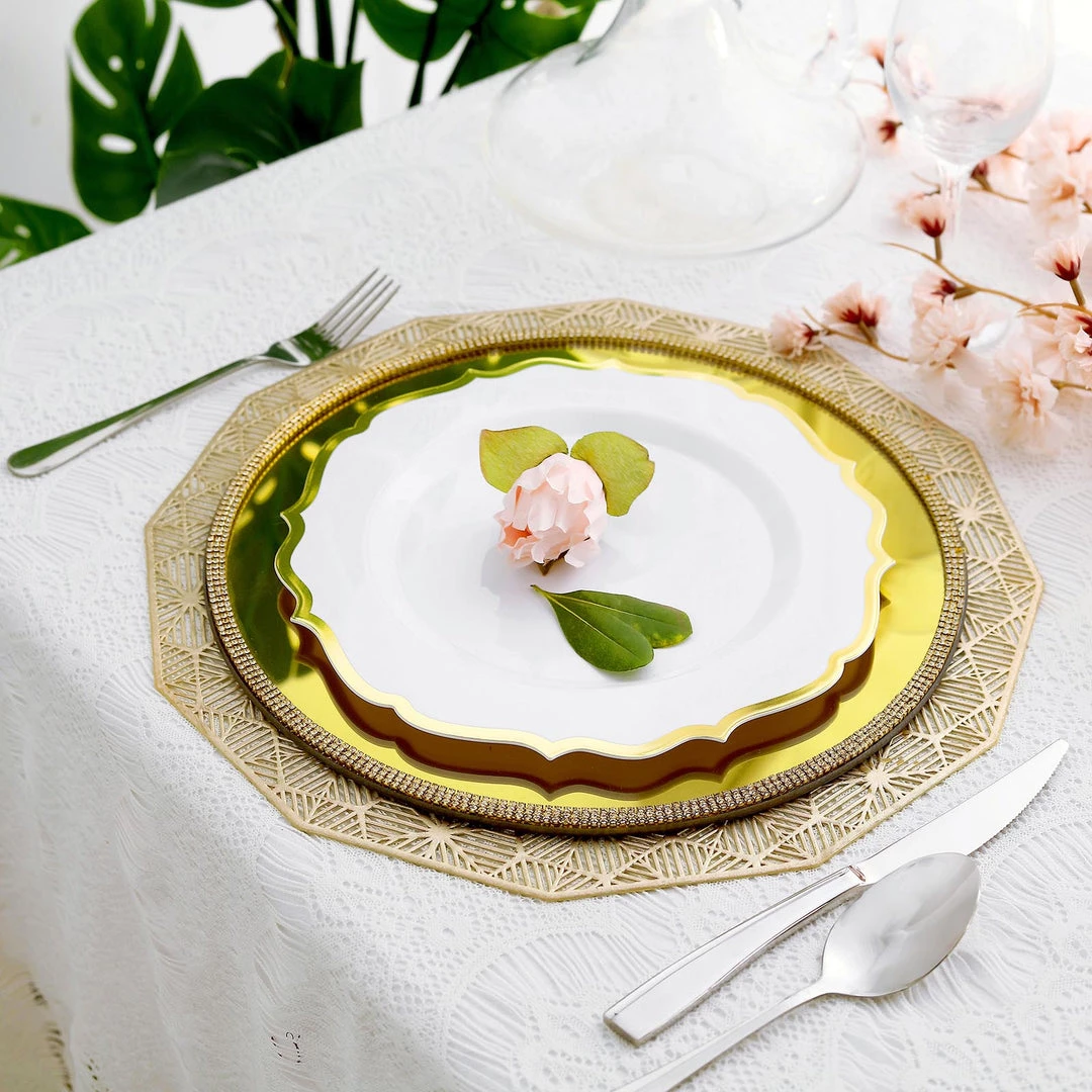 HIER_5441 10 Pack | White 10" Plastic Dinner Plates Disposable Tableware Round With Gold Scalloped Rim 6 HIER_5441 10 Pack | White 10" Plastic Dinner Plates Disposable Tableware Round With Gold Scalloped Rim