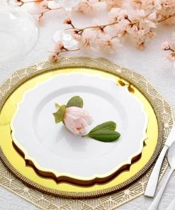HIER_5441 10 Pack | White 10" Plastic Dinner Plates Disposable Tableware Round With Gold Scalloped Rim 22 HIER_5441 10 Pack | White 10