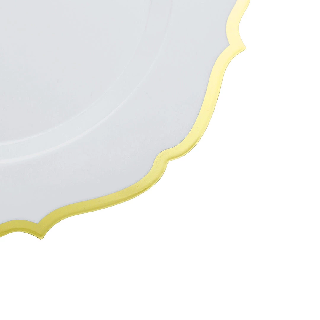 HIER_5441 10 Pack | White 10" Plastic Dinner Plates Disposable Tableware Round With Gold Scalloped Rim 12 HIER_5441 10 Pack | White 10" Plastic Dinner Plates Disposable Tableware Round With Gold Scalloped Rim