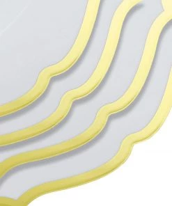 HIER_5441 10 Pack | White 10" Plastic Dinner Plates Disposable Tableware Round With Gold Scalloped Rim 23 HIER_5441 10 Pack | White 10