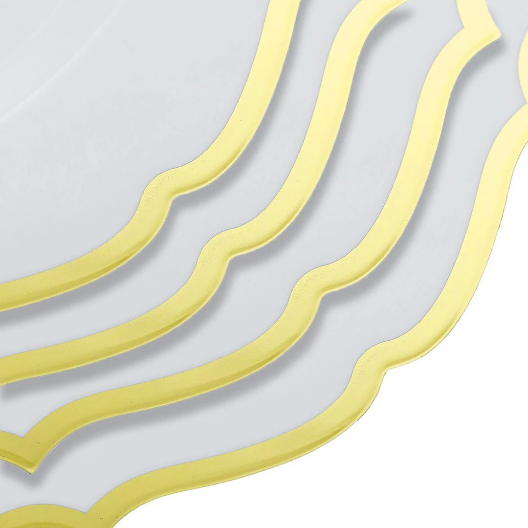 HIER_5441 10 Pack | White 10" Plastic Dinner Plates Disposable Tableware Round With Gold Scalloped Rim 11 HIER_5441 10 Pack | White 10" Plastic Dinner Plates Disposable Tableware Round With Gold Scalloped Rim