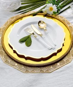HIER_5441 10 Pack | White 10" Plastic Dinner Plates Disposable Tableware Round With Gold Scalloped Rim 20 HIER_5441 10 Pack | White 10