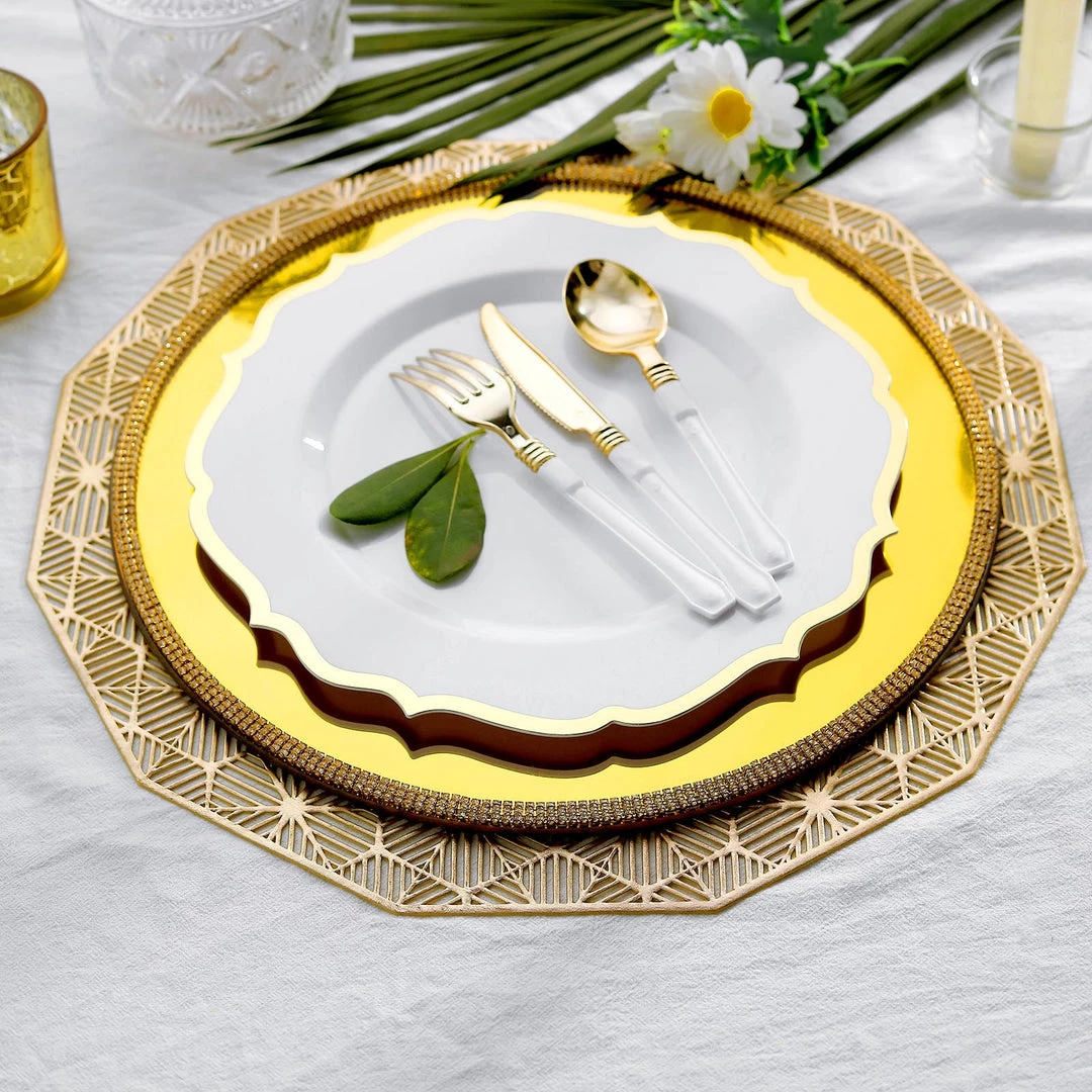 HIER_5441 10 Pack | White 10" Plastic Dinner Plates Disposable Tableware Round With Gold Scalloped Rim 8 HIER_5441 10 Pack | White 10" Plastic Dinner Plates Disposable Tableware Round With Gold Scalloped Rim