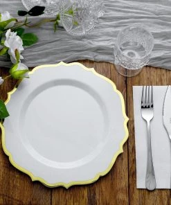 HIER_5441 10 Pack | White 10" Plastic Dinner Plates Disposable Tableware Round With Gold Scalloped Rim 21 HIER_5441 10 Pack | White 10