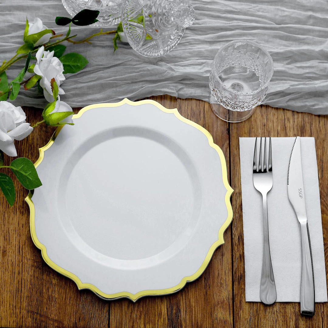 HIER_5441 10 Pack | White 10" Plastic Dinner Plates Disposable Tableware Round With Gold Scalloped Rim 9 HIER_5441 10 Pack | White 10" Plastic Dinner Plates Disposable Tableware Round With Gold Scalloped Rim