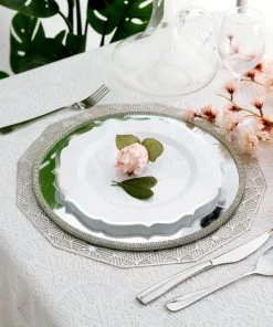 HIER_5441 10 Pack | White 10" Plastic Dinner Plates Disposable Tableware Round With Silver Scalloped Rim Disposable Dinnerware