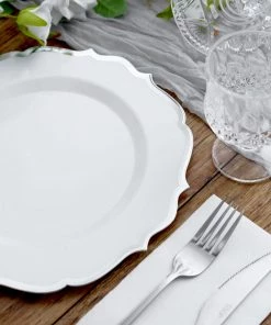 HIER_5441 10 Pack | White 10" Plastic Dinner Plates Disposable Tableware Round With Silver Scalloped Rim Disposable Dinnerware