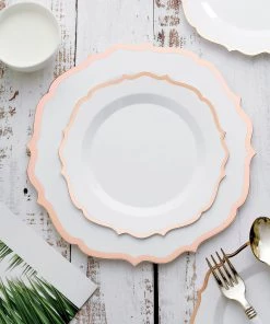 HIER_5441 10 Pack | White Plastic 8" Dessert Salad Plates, Disposable Tableware Round With Rose Gold/Blush Scalloped Rim Disposable Dinnerware