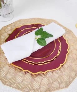 HIER_5441 10 Pack | Burgundy Plastic 8" Dessert Salad Plates, Disposable Tableware Round With Gold Scalloped Rim