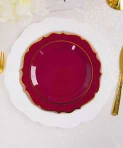 HIER_5441 10 Pack | Burgundy Plastic 8" Dessert Salad Plates, Disposable Tableware Round With Gold Scalloped Rim