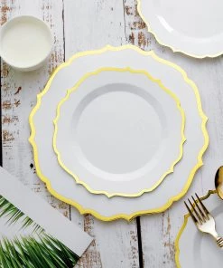 HIER_5441 Disposable Dinnerware 10 Pack | White Plastic 8" Dessert Salad Plates, Disposable Tableware Round With Gold Scalloped Rim