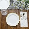 HIER_5441 Disposable Dinnerware 10 Pack | White Plastic 8" Dessert Salad Plates, Disposable Tableware Round With Gold Scalloped Rim