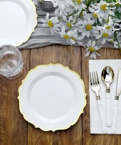 HIER_5441 Disposable Dinnerware 10 Pack | White Plastic 8" Dessert Salad Plates, Disposable Tableware Round With Gold Scalloped Rim