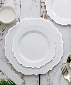 HIER_5441 10 Pack | White Plastic 8" Dessert Salad Plates, Disposable Tableware Round With Silver Scalloped Rim