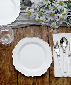 HIER_5441 10 Pack | White Plastic 8" Dessert Salad Plates, Disposable Tableware Round With Silver Scalloped Rim