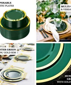 HIER_5441 10 Pack | Regal 7" Hunter Emerald Green & Gold Plastic Dessert Plates, Round Appetizer Salad Plates 16 HIER_5441 10 Pack | Regal 7