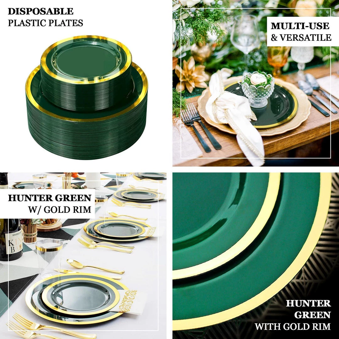 HIER_5441 10 Pack | Regal 7" Hunter Emerald Green & Gold Plastic Dessert Plates, Round Appetizer Salad Plates 4 HIER_5441 10 Pack | Regal 7" Hunter Emerald Green & Gold Plastic Dessert Plates, Round Appetizer Salad Plates