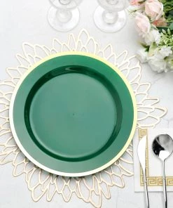 HIER_5441 10 Pack | Regal 10" Hunter Emerald Green & Gold Plastic Dinner Plates - Round Disposable Dinnerware