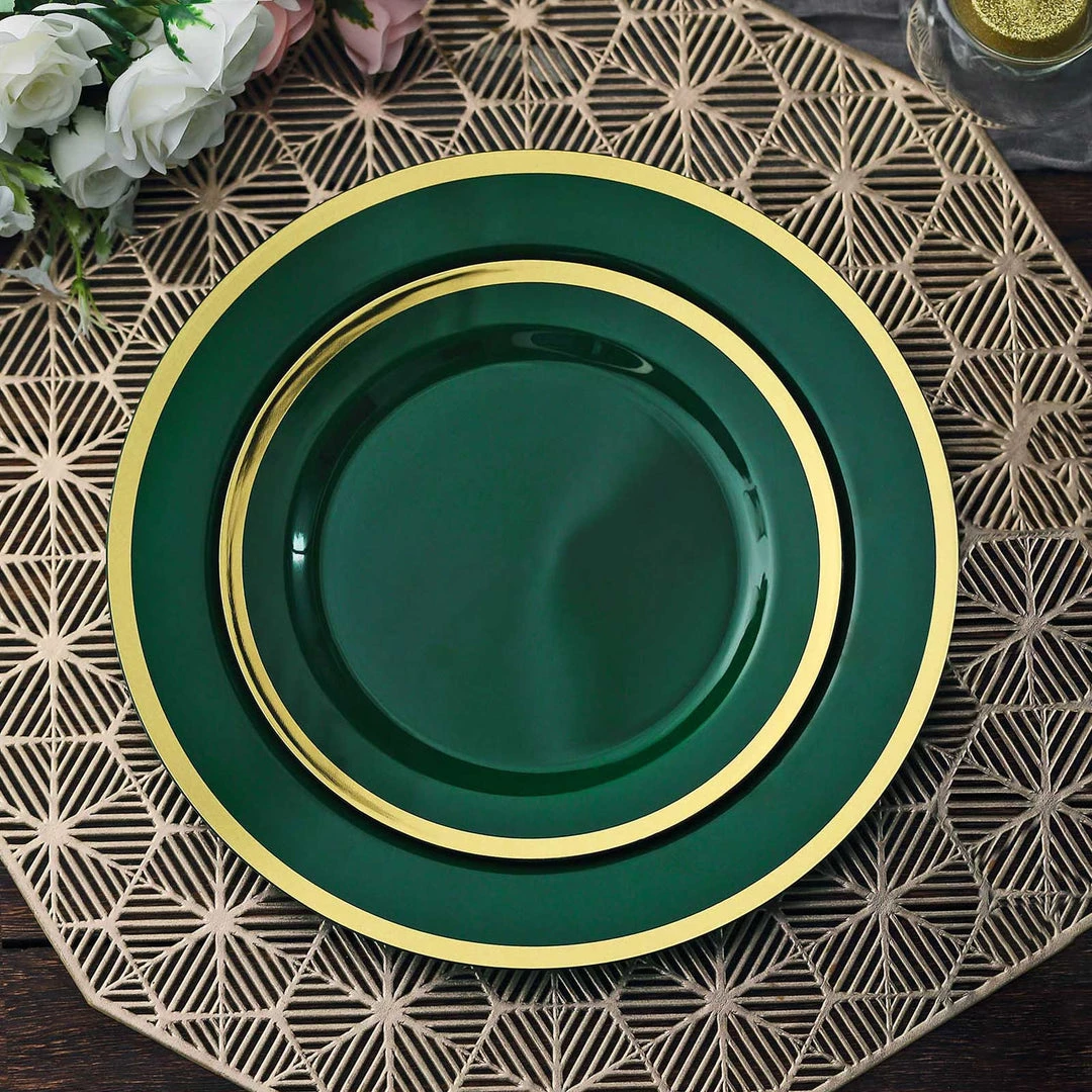 HIER_5441 10 Pack | Regal 7" Hunter Emerald Green & Gold Plastic Dessert Plates, Round Appetizer Salad Plates 9 HIER_5441 10 Pack | Regal 7" Hunter Emerald Green & Gold Plastic Dessert Plates, Round Appetizer Salad Plates
