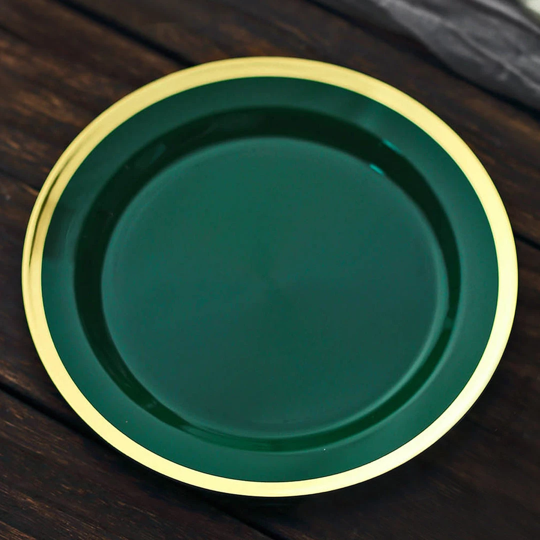 HIER_5441 10 Pack | Regal 7" Hunter Emerald Green & Gold Plastic Dessert Plates, Round Appetizer Salad Plates 7 HIER_5441 10 Pack | Regal 7" Hunter Emerald Green & Gold Plastic Dessert Plates, Round Appetizer Salad Plates