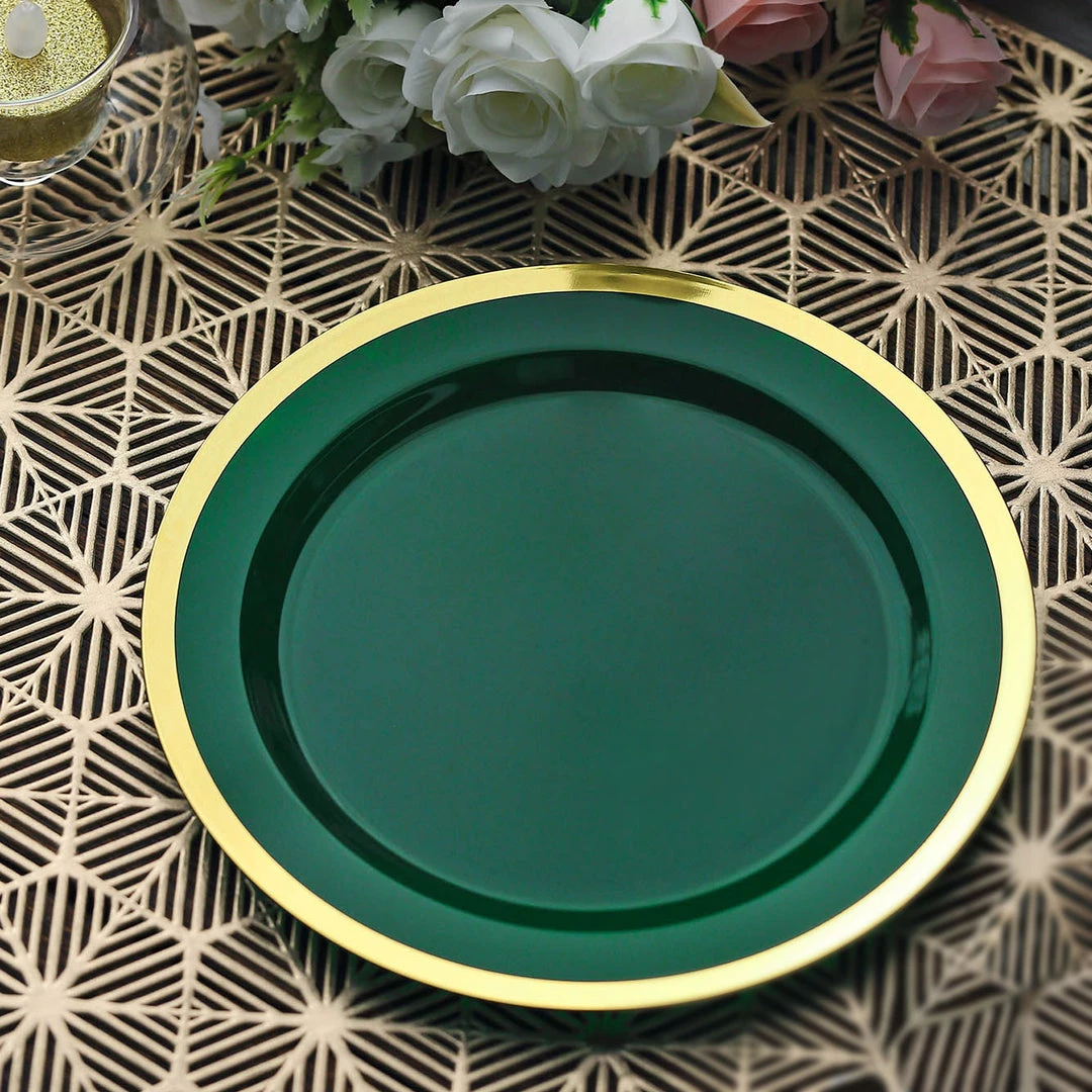 HIER_5441 10 Pack | Regal 7" Hunter Emerald Green & Gold Plastic Dessert Plates, Round Appetizer Salad Plates 8 HIER_5441 10 Pack | Regal 7" Hunter Emerald Green & Gold Plastic Dessert Plates, Round Appetizer Salad Plates
