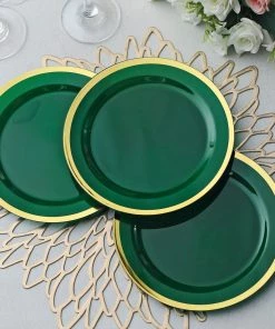 HIER_5441 10 Pack | Regal 7" Hunter Emerald Green & Gold Plastic Dessert Plates, Round Appetizer Salad Plates