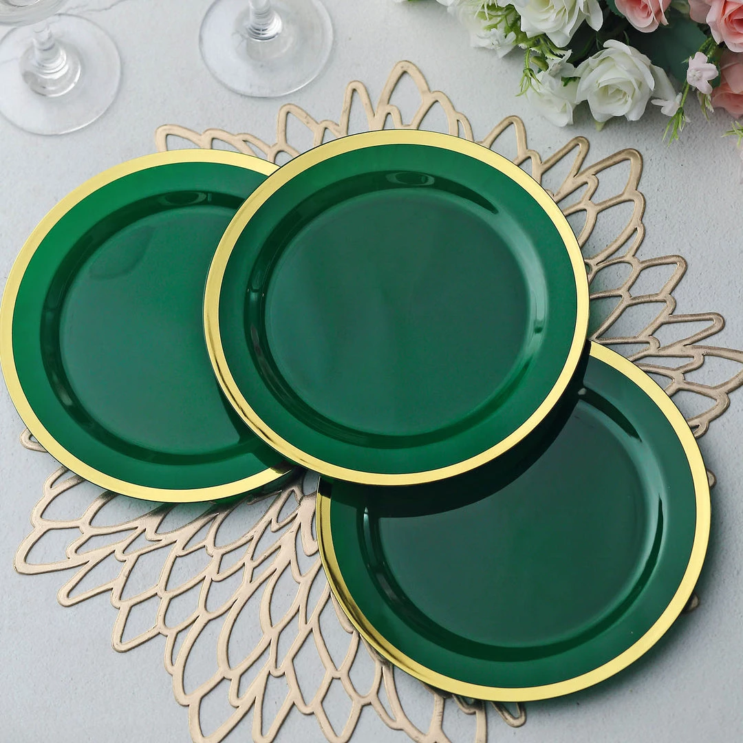 HIER_5441 10 Pack | Regal 7" Hunter Emerald Green & Gold Plastic Dessert Plates, Round Appetizer Salad Plates 2 HIER_5441 10 Pack | Regal 7" Hunter Emerald Green & Gold Plastic Dessert Plates, Round Appetizer Salad Plates