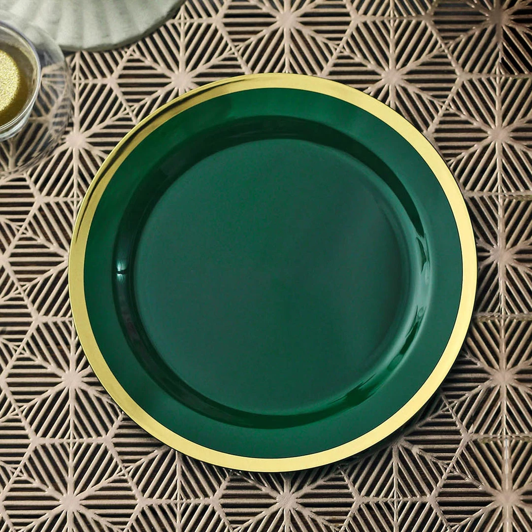 HIER_5441 10 Pack | Regal 7" Hunter Emerald Green & Gold Plastic Dessert Plates, Round Appetizer Salad Plates 11 HIER_5441 10 Pack | Regal 7" Hunter Emerald Green & Gold Plastic Dessert Plates, Round Appetizer Salad Plates