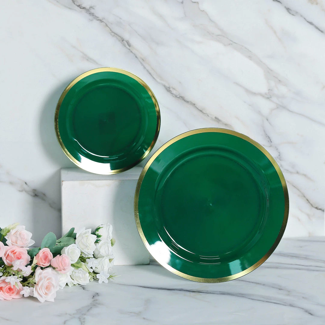 HIER_5441 10 Pack | Regal 7" Hunter Emerald Green & Gold Plastic Dessert Plates, Round Appetizer Salad Plates 12 HIER_5441 10 Pack | Regal 7" Hunter Emerald Green & Gold Plastic Dessert Plates, Round Appetizer Salad Plates