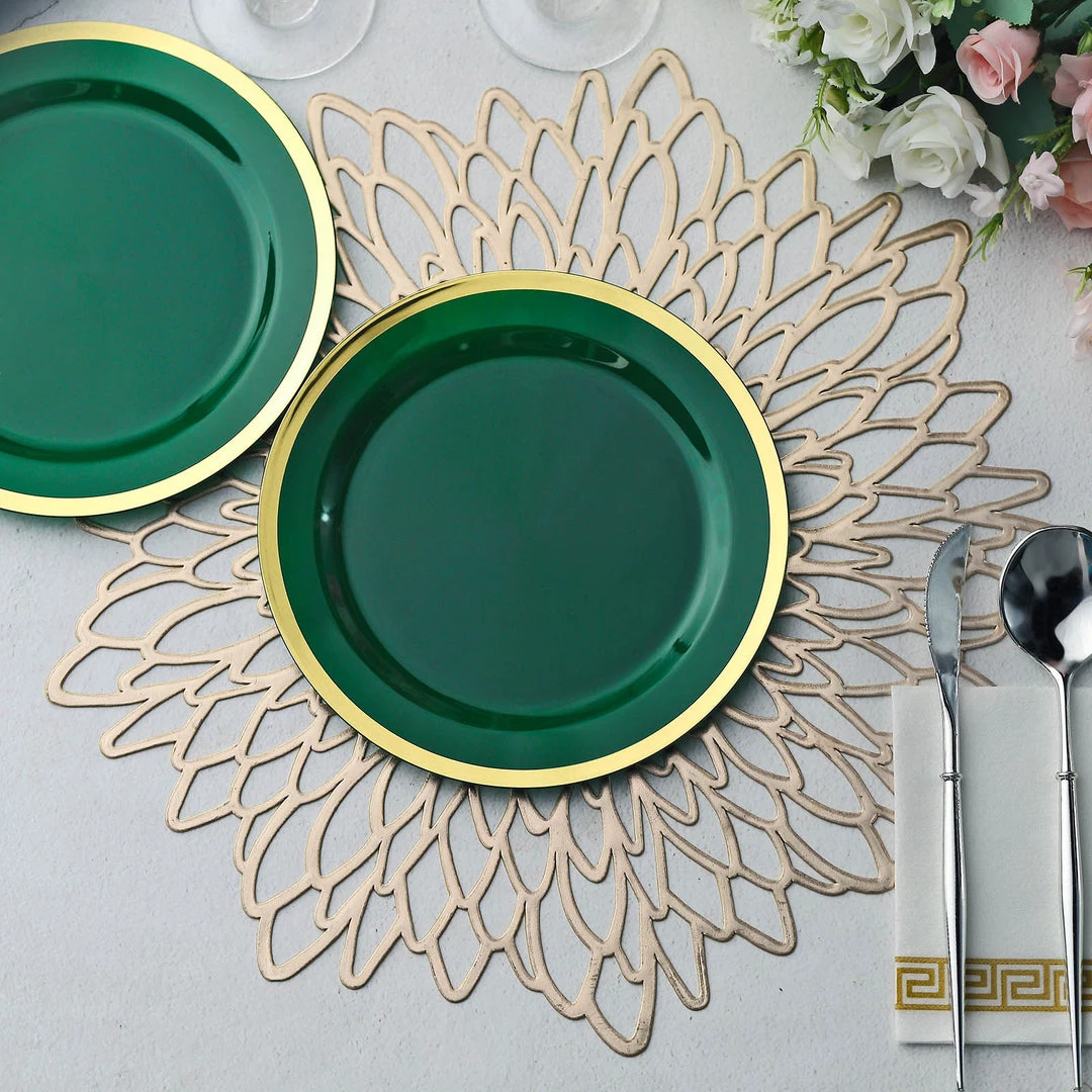 HIER_5441 10 Pack | Regal 7" Hunter Emerald Green & Gold Plastic Dessert Plates, Round Appetizer Salad Plates 6 HIER_5441 10 Pack | Regal 7" Hunter Emerald Green & Gold Plastic Dessert Plates, Round Appetizer Salad Plates