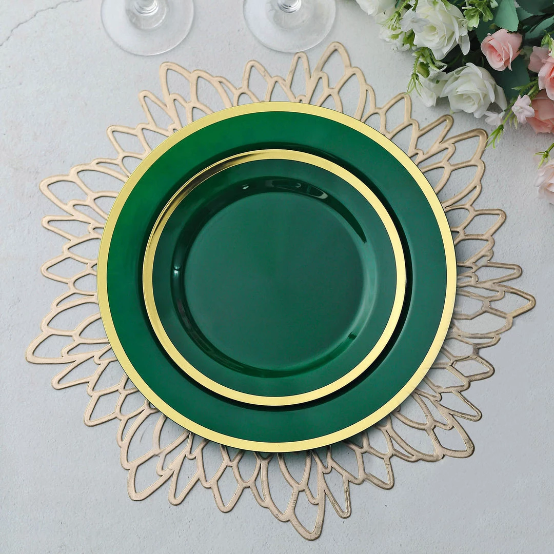 HIER_5441 10 Pack | Regal 7" Hunter Emerald Green & Gold Plastic Dessert Plates, Round Appetizer Salad Plates 1 HIER_5441 10 Pack | Regal 7" Hunter Emerald Green & Gold Plastic Dessert Plates, Round Appetizer Salad Plates