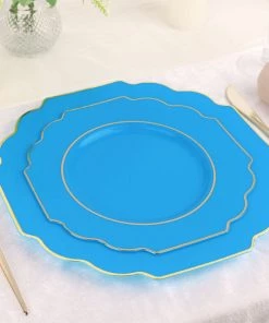 HIER_5441 Disposable Dinnerware 10 Pack | 11" Turquoise Hard Plastic Dinner Plates, Disposable Tableware, Baroque Heavy Duty Plates With Gold Rim