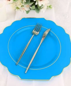 HIER_5441 Disposable Dinnerware 10 Pack | 11" Turquoise Hard Plastic Dinner Plates, Disposable Tableware, Baroque Heavy Duty Plates With Gold Rim