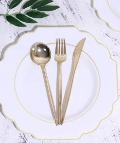 HIER_5441 Disposable Dinnerware 10 Pack | White 11" Heavy Duty Plastic Serving Dinner Plates, Disposable Tableware, Baroque With Gold Rim