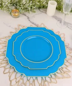 HIER_5441 Disposable Dinnerware 10 Pack | 8" Turquoise Hard Plastic Dessert Appetizer Plates, Disposable Tableware, Baroque Heavy Duty Salad Plates With Gold Rim