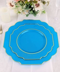HIER_5441 Disposable Dinnerware 10 Pack | 8" Turquoise Hard Plastic Dessert Appetizer Plates, Disposable Tableware, Baroque Heavy Duty Salad Plates With Gold Rim