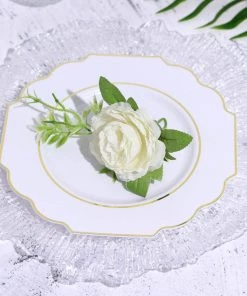 HIER_5441 Disposable Dinnerware 10 Pack | White 8" Heavy Duty Plastic Dessert Salad Plates, Disposable Tableware, Baroque With Gold Rim