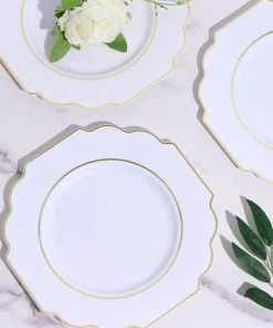 HIER_5441 Disposable Dinnerware 10 Pack | White 8" Heavy Duty Plastic Dessert Salad Plates, Disposable Tableware, Baroque With Gold Rim