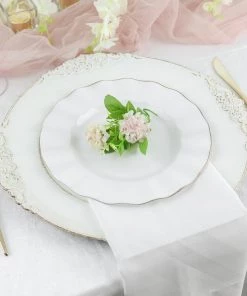 HIER_5441 10 Pack | White 9" Round Plastic Dinner Plates, Disposable Tableware With Gold Wavy Rim